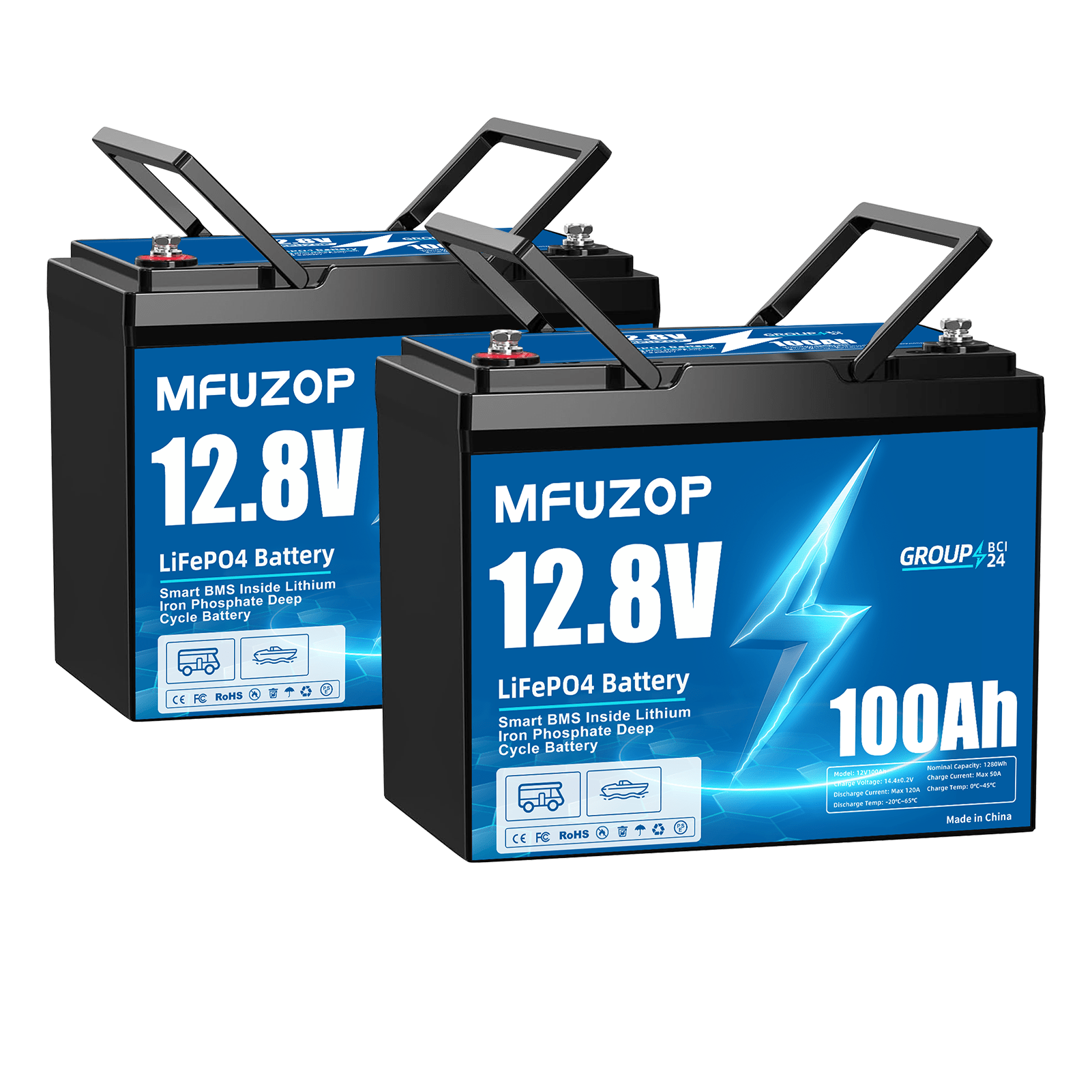 MFUZOP 12V 100Ah LiFePO4 battery with 100A smart BMS, 6000 deep cycles. Up to 4S4P, for RVs, boats, trailers, and home.