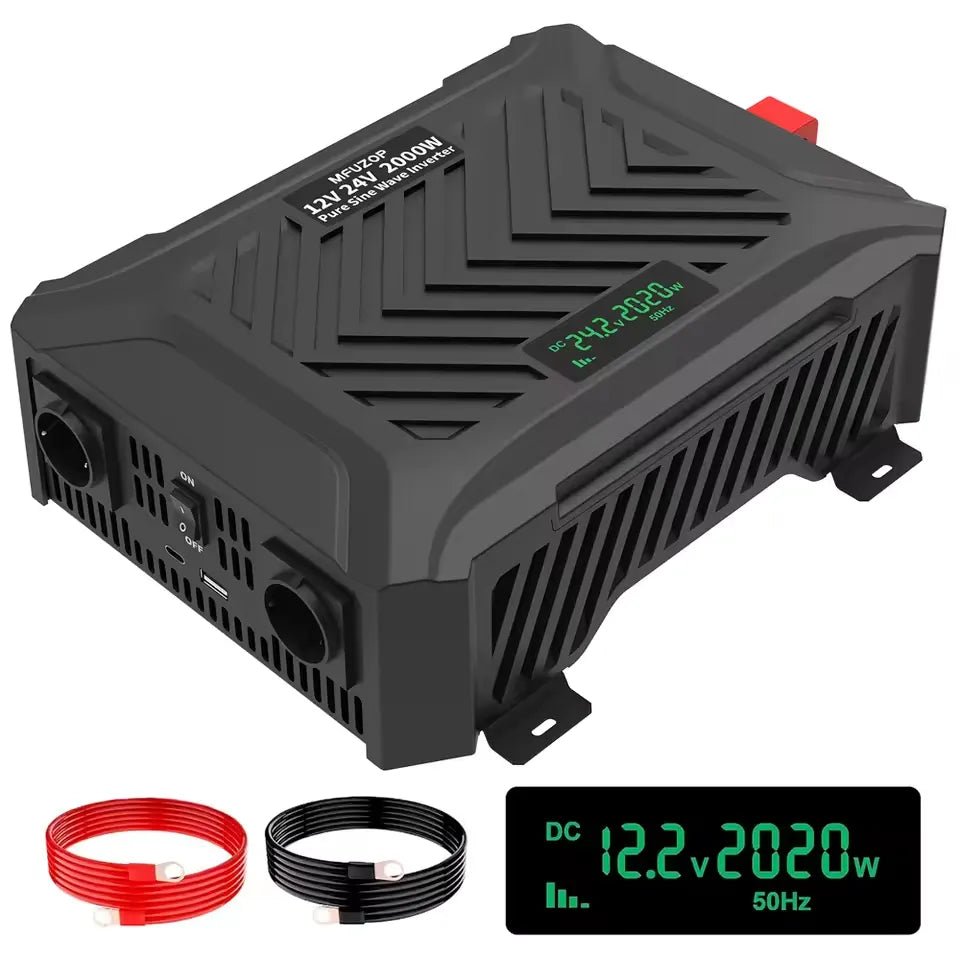DATOUBOSS 2000/4000W Pure Sine Wave Inverter, 12V/24V to 230V, LCD display, and 2 EU sockets for stable voltage conversion.