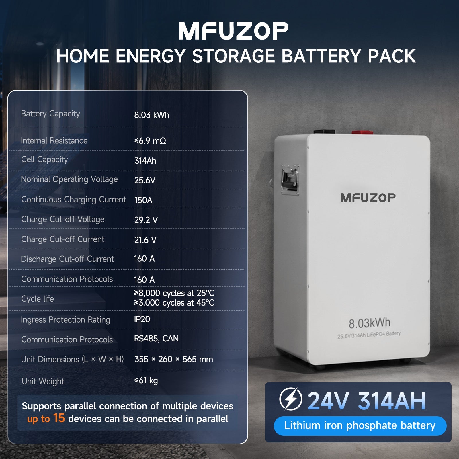 MFUZOP 24V 314Ah LiFePO4 Solar Battery, 8kWh Energy Storage with 150A BMS for Home & Off-Grid - Xdatou | Rechargeable Lifepo4 Batteries Voltage Converters Inverter