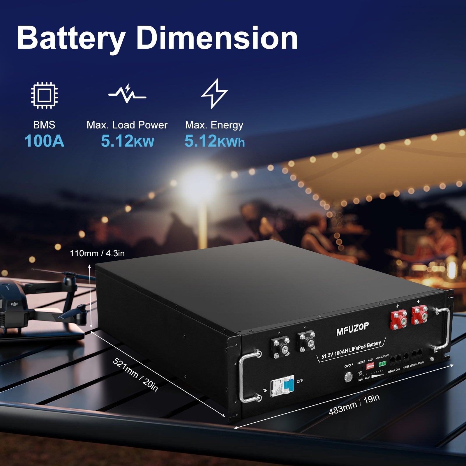 MFUZOP 48V 100Ah LiFePO4 Rack Mount Server Battery, 100A BMS, Bluetooth & app monitoring. for off-grid, backup power systems.