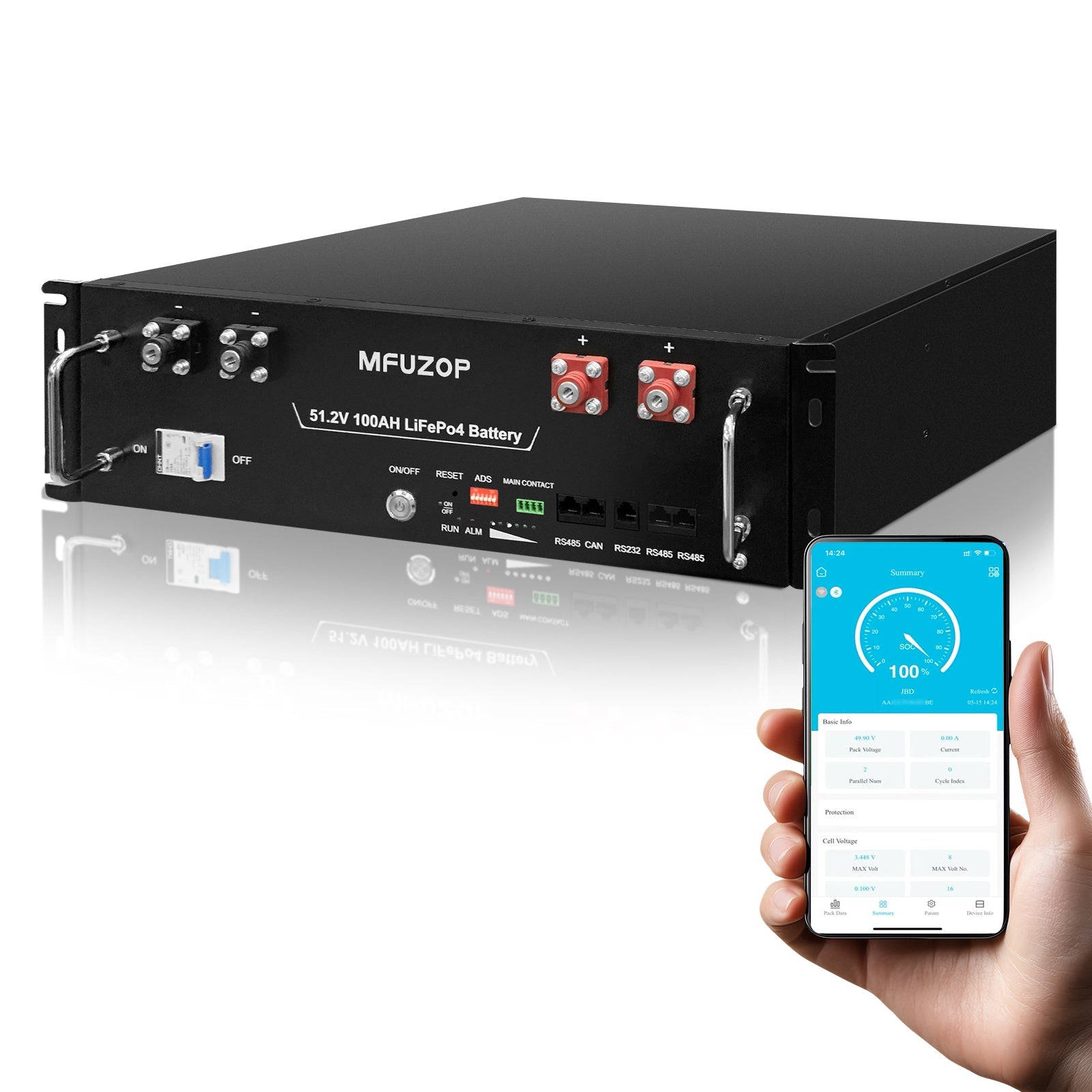 MFUZOP 48V 100Ah LiFePO4 Rack Mount Server Battery, 100A BMS, Bluetooth & app monitoring. for off-grid, backup power systems.