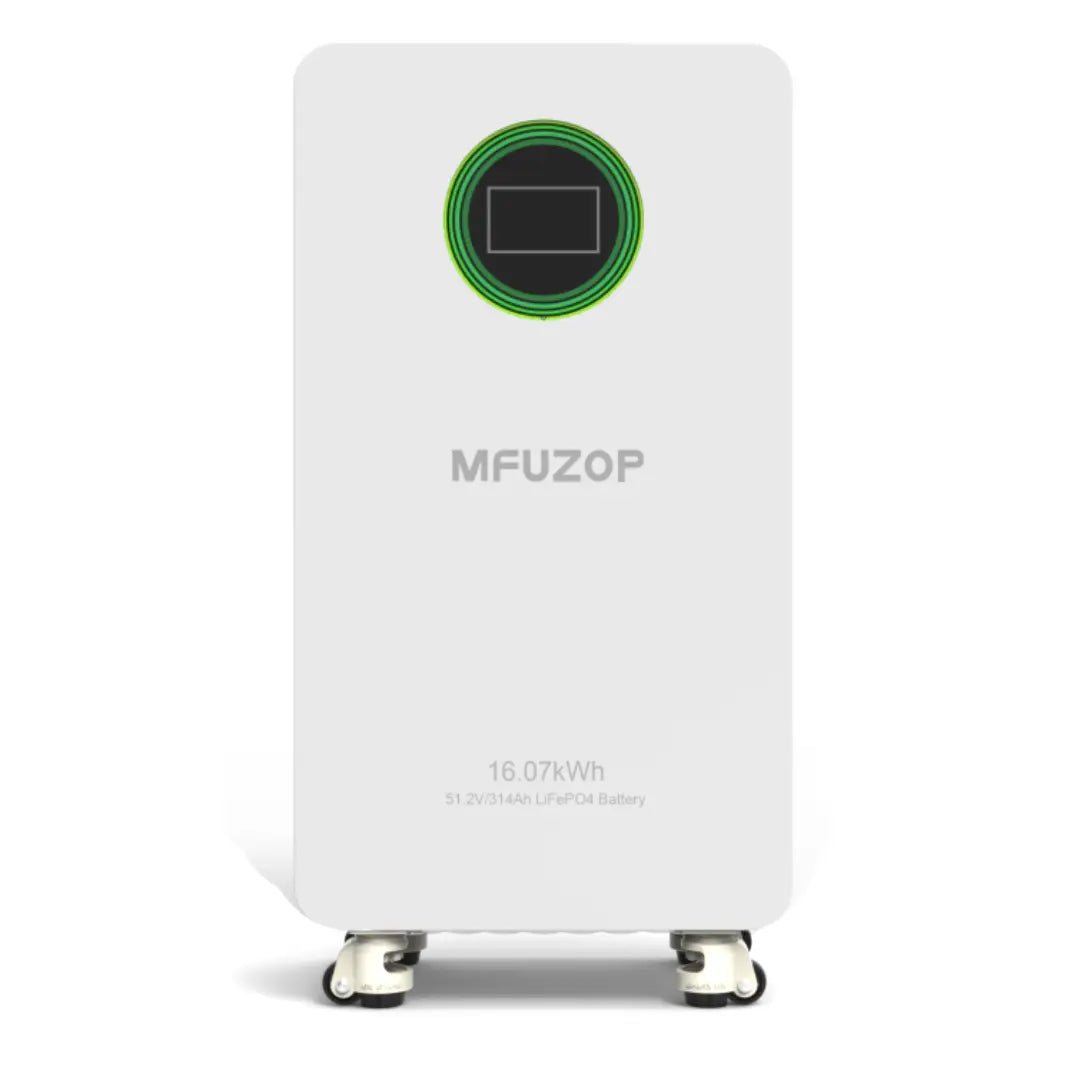 MFUZOP 48V 314Ah LiFePO4 battery with 200A BMS, LCD Display for high-capacity solar, RV, and home energy storage systems.