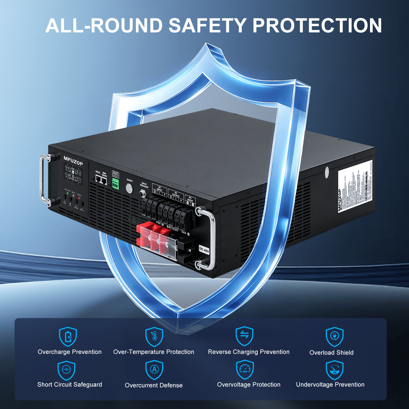 MFUZOP 6200W 3U Rack Pure Sine Wave Solar Hybrid Inverter, 48VDC to 230VAC, 120A MPPT, 8500W PV Input, Built-in UPS Function, Battery-Free Operation, 27A PV Input, BMS Communication, Anti-Backflow Protection, Off-Grid & Grid-Connected Compatible - Xdatou | Rechargeable Lifepo4 Batteries Voltage Converters Inverter