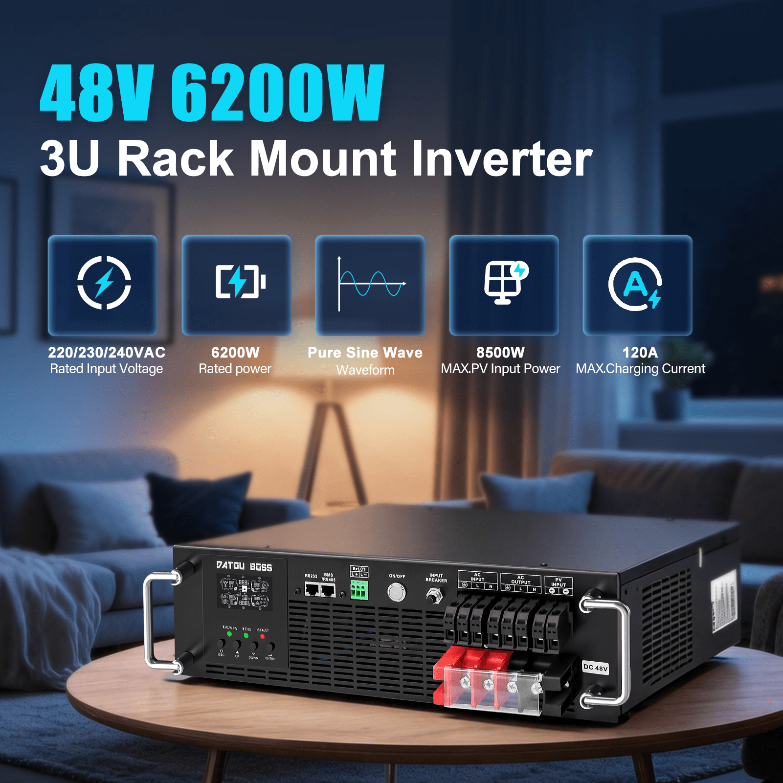 MFUZOP 6200W 3U Rack Pure Sine Wave Solar Hybrid Inverter, 48VDC to 230VAC, 120A MPPT, 8500W PV Input, Built-in UPS Function, Battery-Free Operation, 27A PV Input, BMS Communication, Anti-Backflow Protection, Off-Grid & Grid-Connected Compatible - Xdatou | Rechargeable Lifepo4 Batteries Voltage Converters Inverter