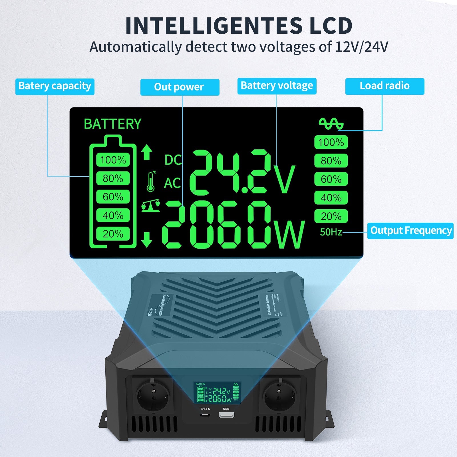 MFUZOP Smart Dual Voltage Pure Sine Wave Inverter, , 12V/24V to 230V, 1200W/2000W, for RV home etc. - Xdatou | Rechargeable Lifepo4 Batteries Voltage Converters Inverter