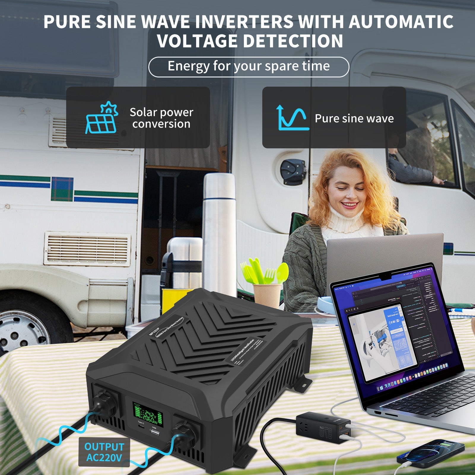 MFUZOP Smart Dual Voltage Pure Sine Wave Inverter, , 12V/24V to 230V, 1200W/2000W, for RV home etc. - Xdatou | Rechargeable Lifepo4 Batteries Voltage Converters Inverter