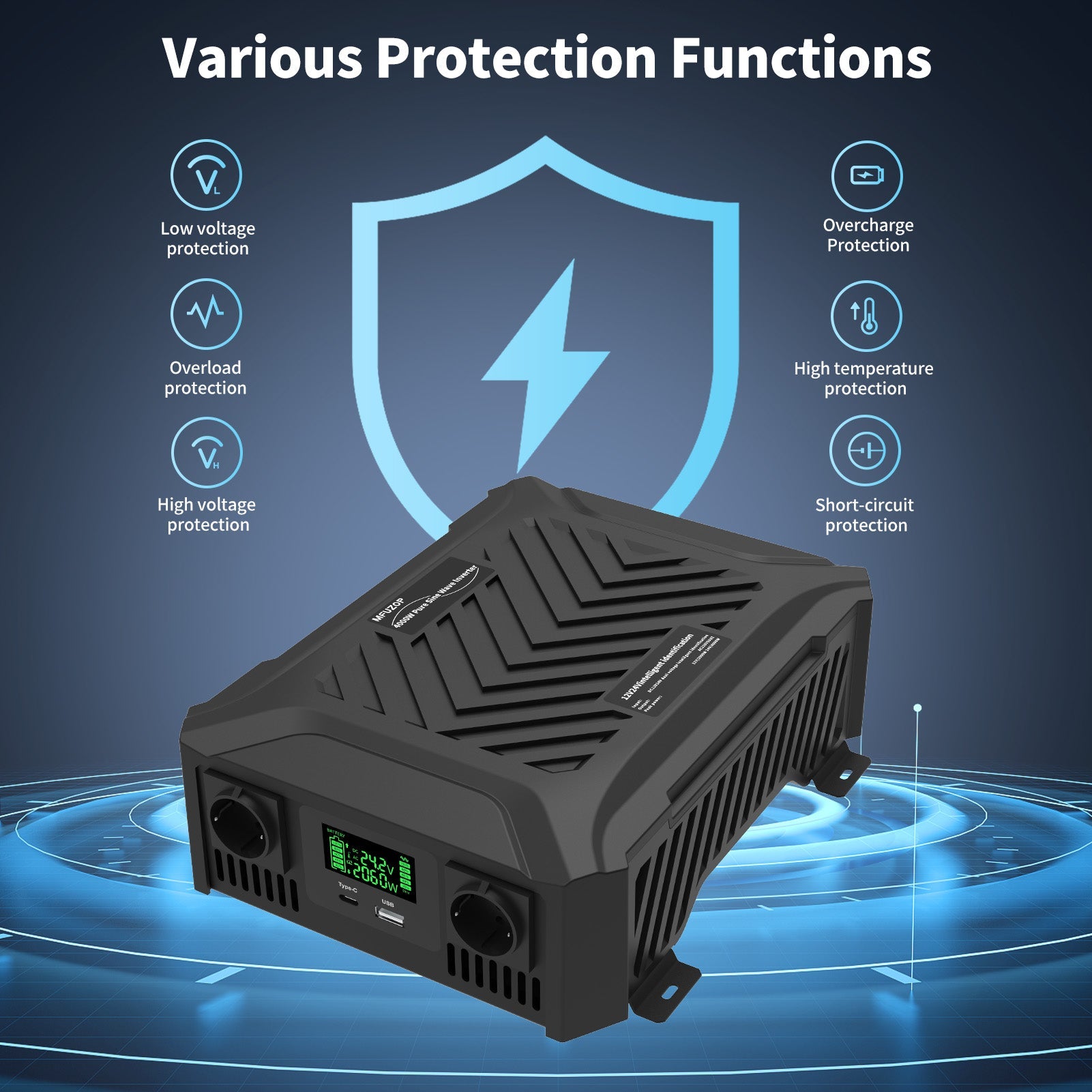 MFUZOP Smart Dual Voltage Pure Sine Wave Inverter, , 12V/24V to 230V, 1200W/2000W, for RV home etc. - Xdatou | Rechargeable Lifepo4 Batteries Voltage Converters Inverter