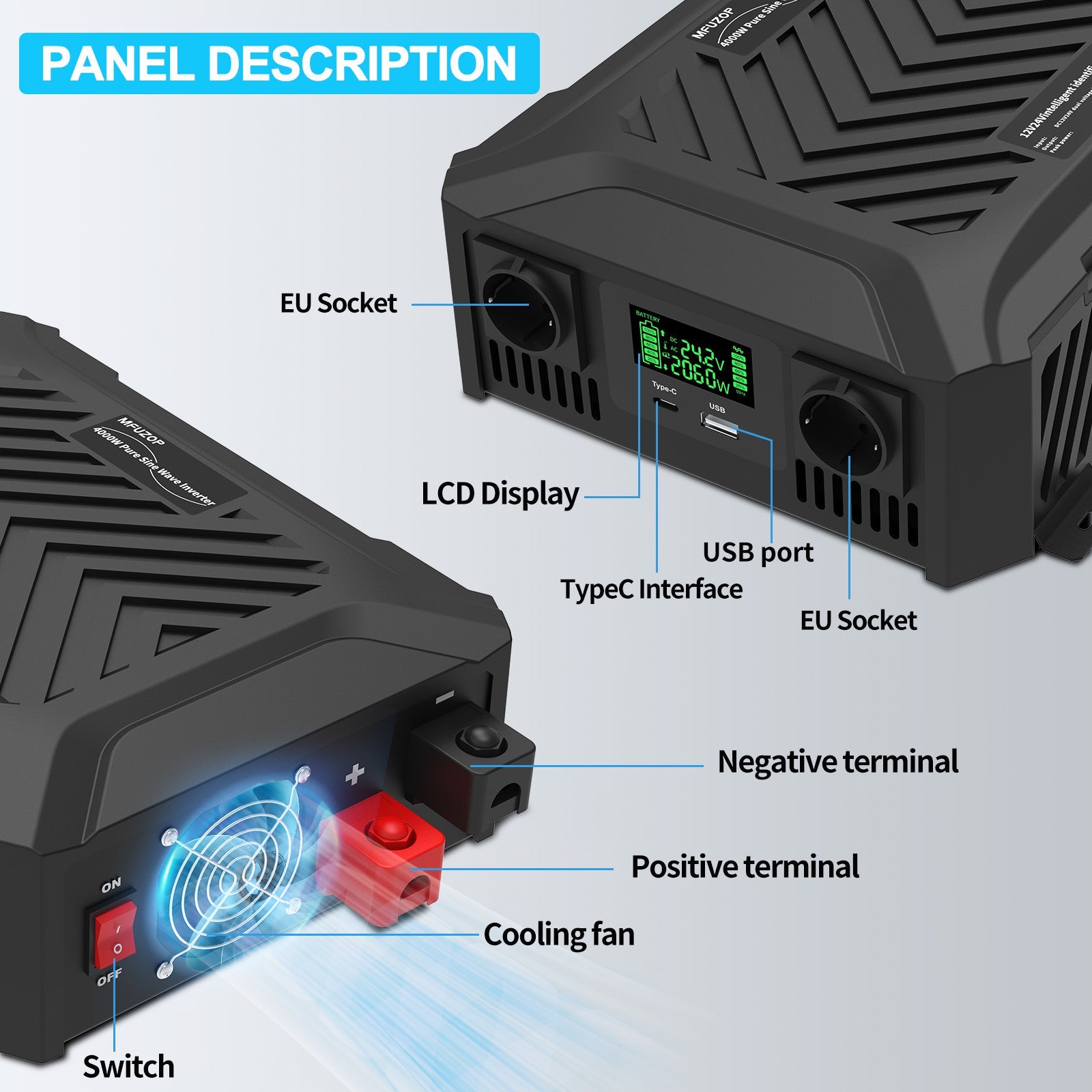 MFUZOP Smart Dual Voltage Pure Sine Wave Inverter, , 12V/24V to 230V, 1200W/2000W, for RV home etc. - Xdatou | Rechargeable Lifepo4 Batteries Voltage Converters Inverter