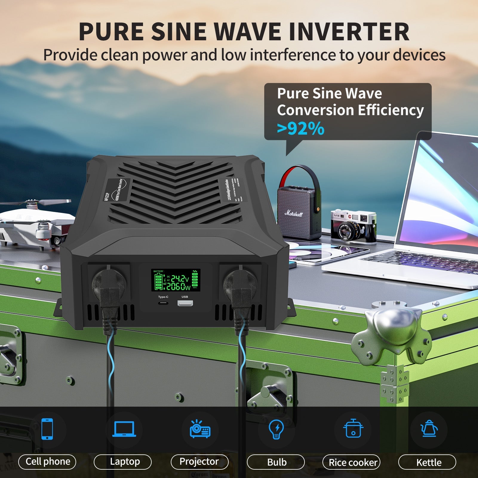MFUZOP Smart Dual Voltage Pure Sine Wave Inverter, , 12V/24V to 230V, 1200W/2000W, for RV home etc. - Xdatou | Rechargeable Lifepo4 Batteries Voltage Converters Inverter