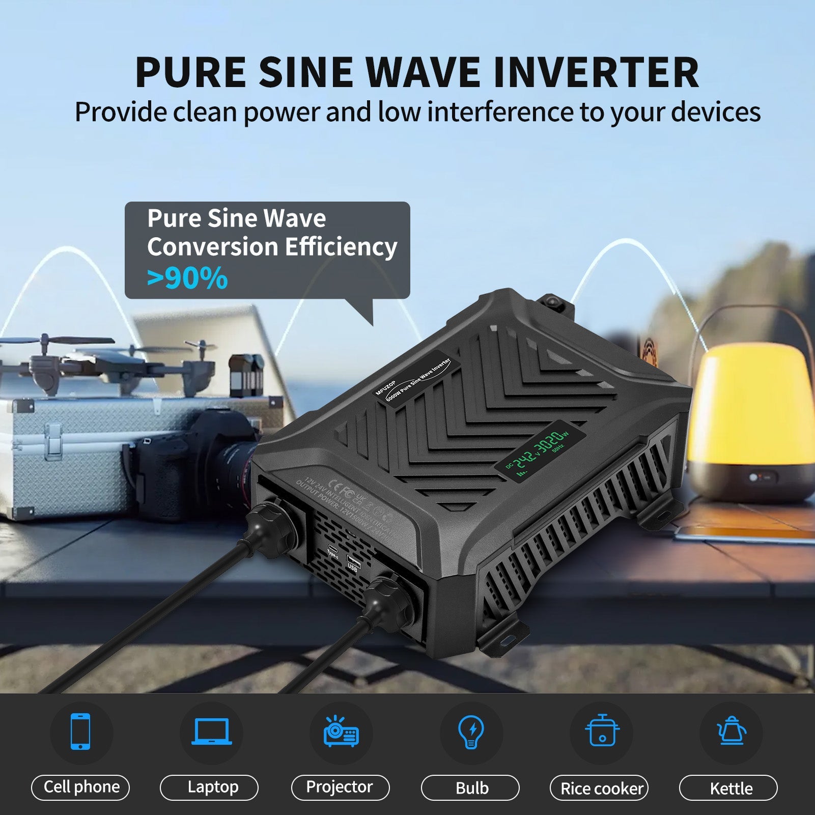 MFUZOP Dual Voltage Pure Sine Wave Inverter 1500W/3000W, 12V/24V to 230V, Intelligent detection, for Outdoor/Home off-grid.