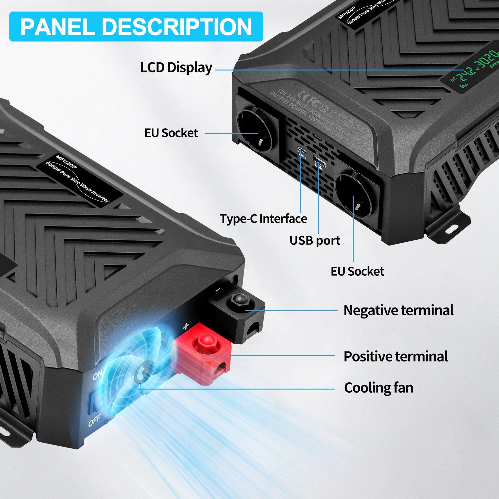 MFUZOP Dual Voltage Pure Sine Wave Inverter 1500W/3000W, 12V/24V to 230V, Intelligent detection, for Outdoor/Home off-grid.