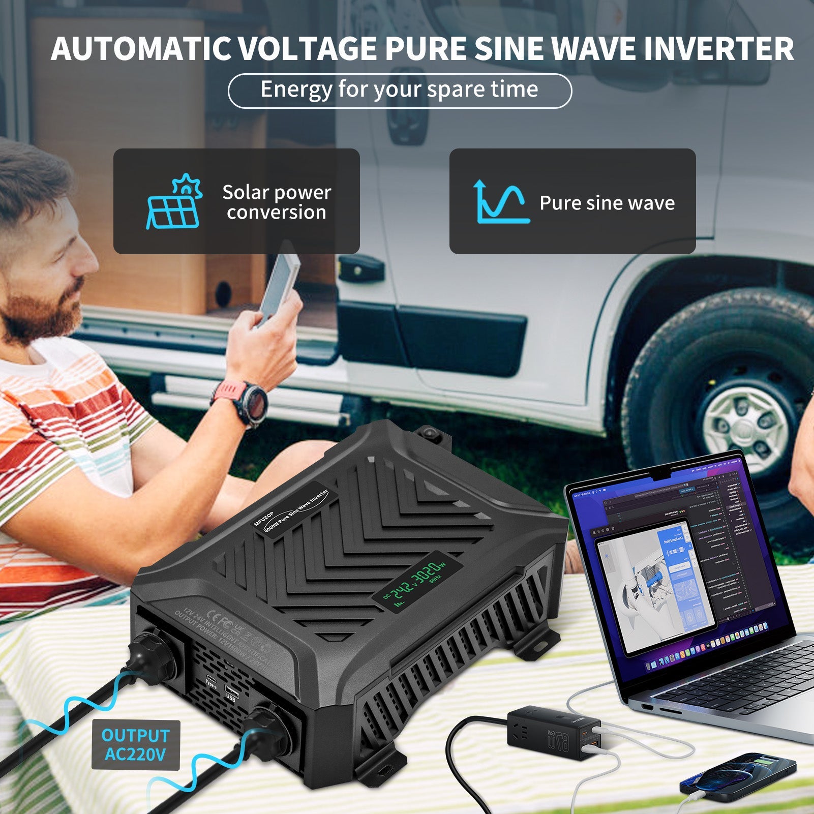 MFUZOP Dual Voltage Pure Sine Wave Inverter 1500W/3000W, 12V/24V to 230V, Intelligent detection, for Outdoor/Home off-grid.