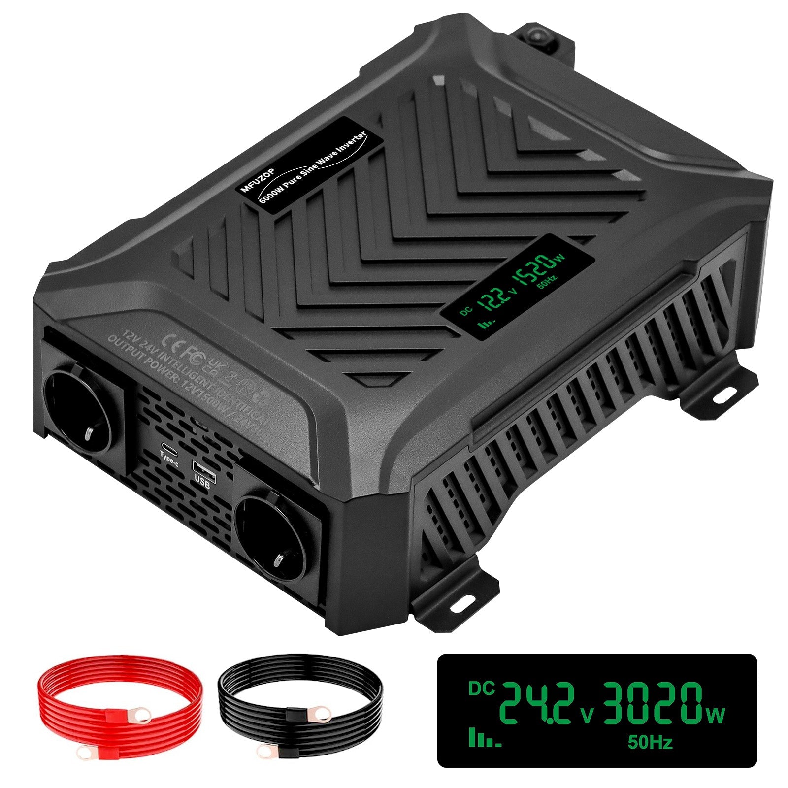 MFUZOP Dual Voltage Pure Sine Wave Inverter 1500W/3000W, 12V/24V to 230V, Intelligent detection, for Outdoor/Home off-grid. Main image