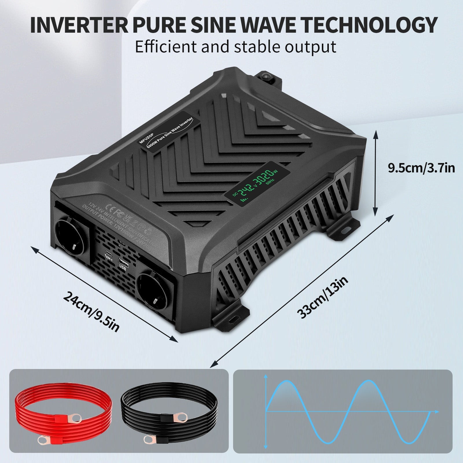 MFUZOP Dual Voltage Pure Sine Wave Inverter 1500W/3000W, 12V/24V to 230V, Intelligent detection, for Outdoor/Home off-grid.