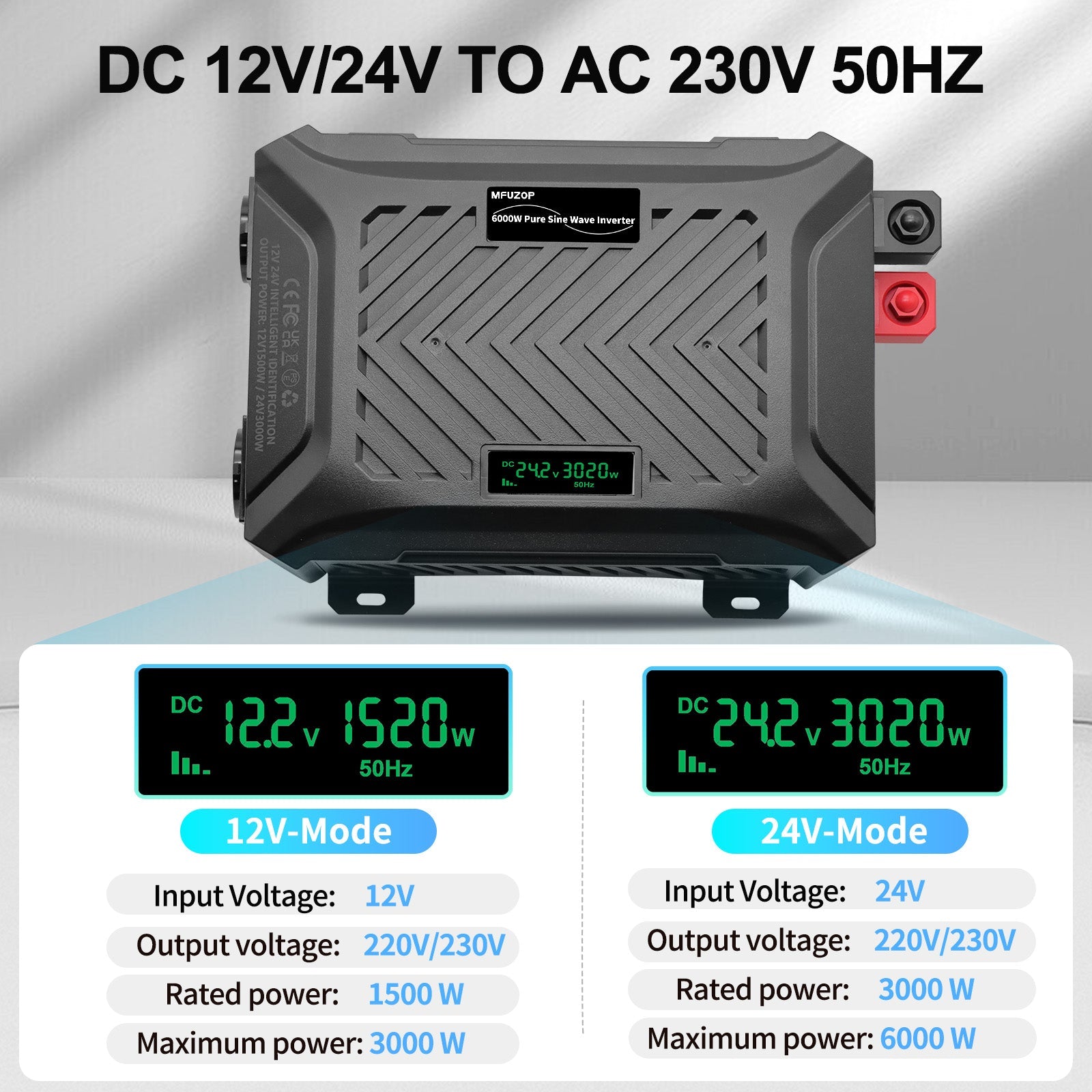 MFUZOP Dual Voltage Pure Sine Wave Inverter 1500W/3000W, 12V/24V to 230V, Intelligent detection, for Outdoor/Home off-grid.