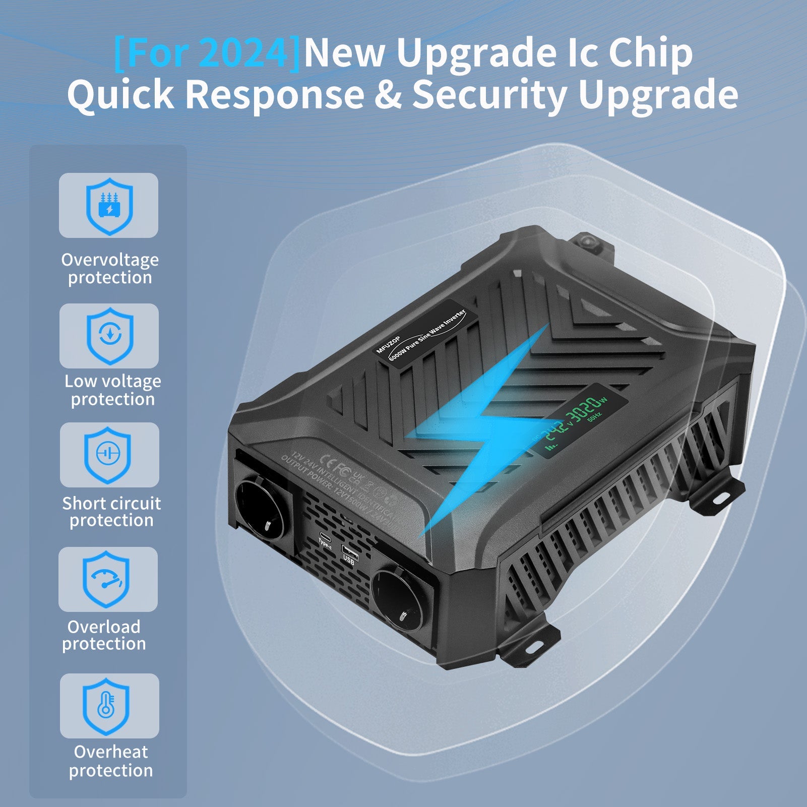 MFUZOP Dual Voltage Pure Sine Wave Inverter 1500W/3000W, 12V/24V to 230V, Intelligent detection, for Outdoor/Home off-grid.